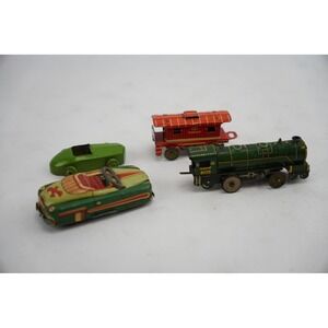 Vintage Tin Toy Cars and Train Set Green Red Ranger Loco Japan